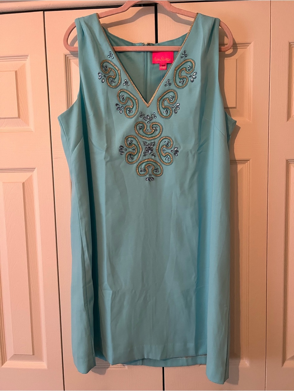 Lilly Pulitzer Aqua Sleeveless Embellished V-Neck Shift Dress